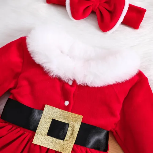 Vista 3 de WASAIGOOD Mameluco de Navidad para bebé niña, vestido de manga larga con ribete de piel, traje de terciopelo para Navidad, enterizo de invierno