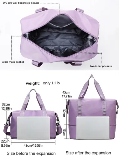 Vista 6 de Bolsa de viaje expandible, bolsa de viaje para el fin de semana, bolsa de gimnasio para mujer