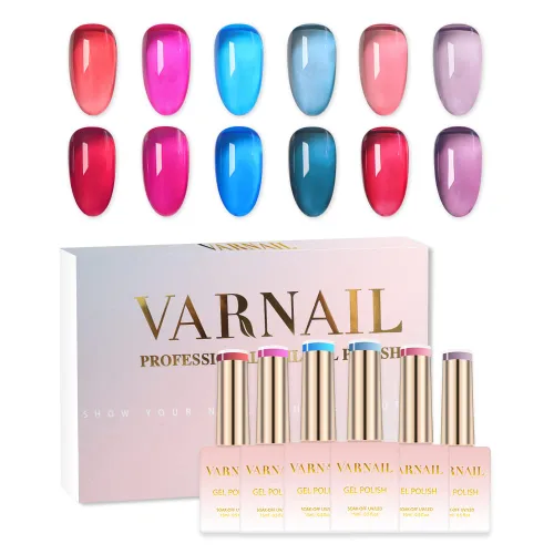 Vista 11 de VARNAIL Rainbow Candy Jelly - Kit de esmalte de uñas de gel de 6 colores y capa base de regalo, kit de esmalte de gel transparente arcoíris