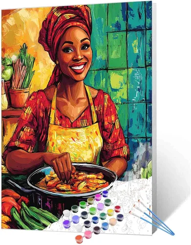 Vista 34 de Pintura de niña afro a la moda, kits de pintura por números, 16 x 20 pulgadas, lienzo de hojas tropicales, pintura al óleo para niños y adultos