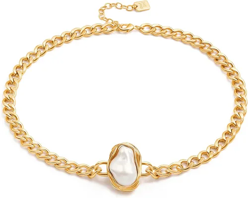Vista 29 de Aobei Pearl - Gargantilla de oro de 18 quilates con cadena de clip, cadena de bolas y dijes perlas barrocas biwa para mujeres Cadena de estación