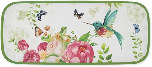 Vista 4 de UP ware - Bandeja de servir de melamina floral azul y blanca, bandeja rectangular de 15 x 6.5 pulgadas, bandeja de alimentos sin BPA