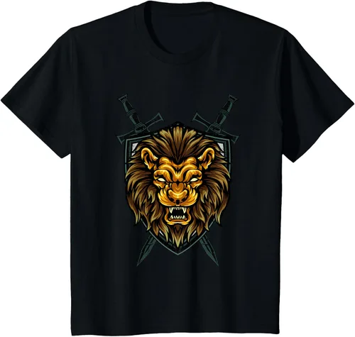 Vista 74 de Camiseta con diseño de caballero medieval renacentista, con diseño de espada de león, Negro, S