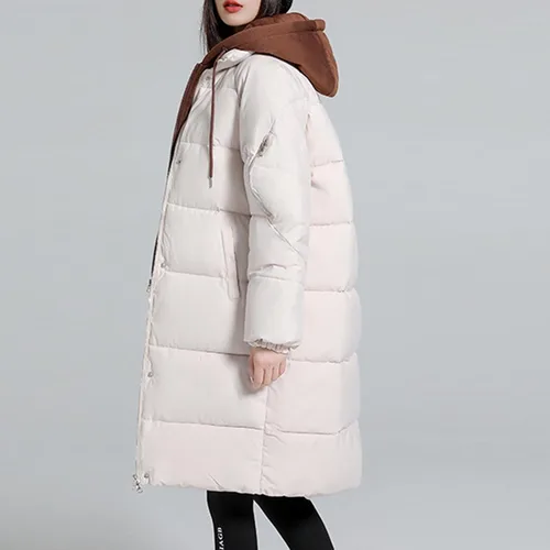 Vista 3 de Chaqueta acolchada suelta con capucha gruesa de dos piezas de algodón cálido chaqueta de color sólido con cordón para mujer
