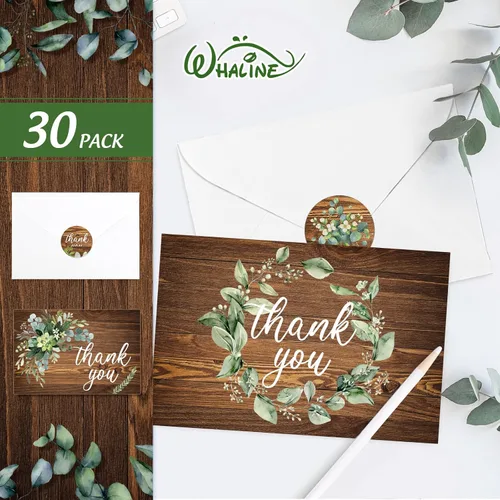 Vista 3 de Whaline Paquete de 30 tarjetas de agradecimiento rústicas con sobres, calcomanías de acuarela, eucalipto marrón, tarjetas de felicitación