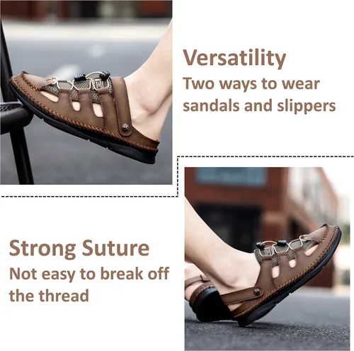 Vista 3 de MAIZUN Sandalias de cuero con puntera cerrada para hombre, correa atlética, para exteriores, ajustables, para pescador, sandalias de verano