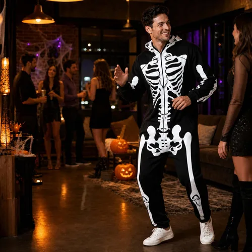 Vista 5 de Disfraz de esqueleto de Halloween para hombres y mujeres, overol