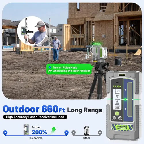 Vista 2 de Huepar Pro Kit de nivel láser para exteriores con receptor, largo alcance