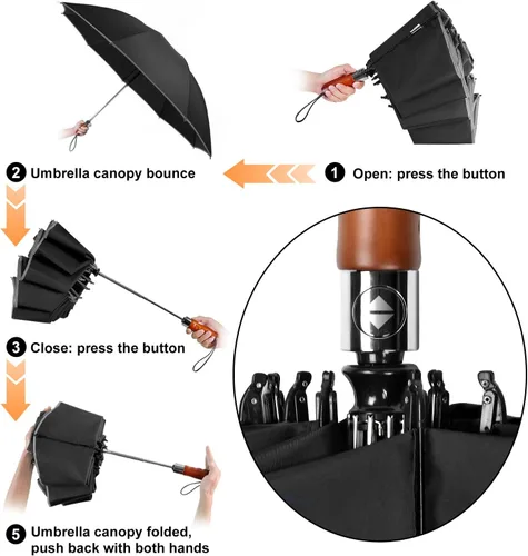 Vista 3 de Lejorain Golf Large Inverted Umbrella - Black Big Windproof Heavy Duty Upside Down 46/50/54 Inch Compact Reverse Car Automatic Folding Reflective