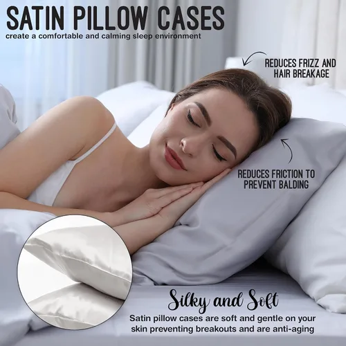 Vista 6 de Sweet Jojo Designs Juego de 2 fundas de almohada de satén (floral bohemio gris) para niñas, cabello y piel, suaves, sedosas, brillantes