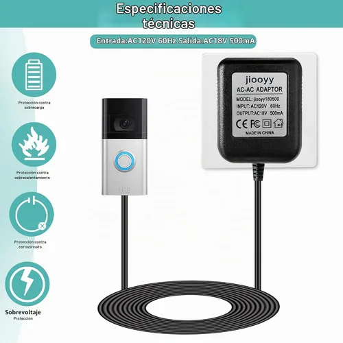 Vista 3 de Transformador de timbre 18V500mA para timbre de video Ring (16.4 pies, negro) Adaptador de corriente para timbre de video compatible con timbre
