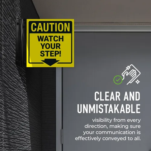 Vista 4 de Watch Your Step Projecting Letrero de doble cara, 6 x 6 pulgadas, ACM, con accesorio negro satinado, fabricado en Estados Unidos 6x6 Inches, ACM