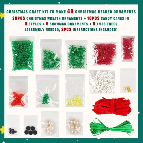 Vista 3 de Manualidades de Navidad para niños, adultos y familias, kit de adornos con cuentas para hacer corona, bastón de caramelo, árbol de Navidad, muñeco