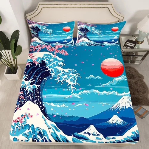 Vista 2 de Castle Fairy Ukiyoe Ocean - Juego de sábanas tamaño individual, juego de sábanas de flor de cerezo de estilo japonés para niños y adolescentes