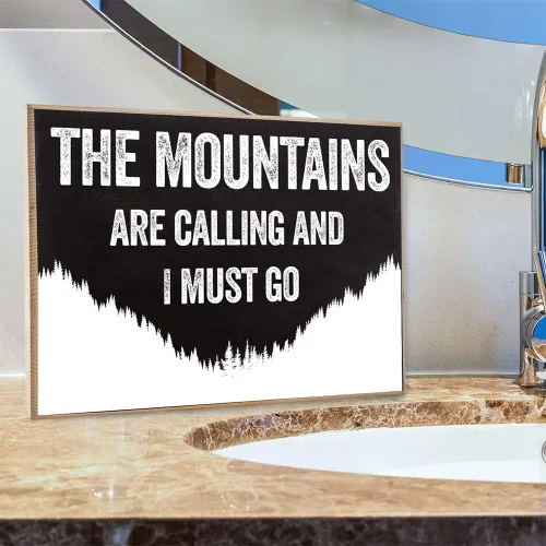 Vista 7 de Letrero de madera con texto en inglés "The Mountains Are Calling" (Las montañas están llamando) - Letrero de madera con refranes - Letrero