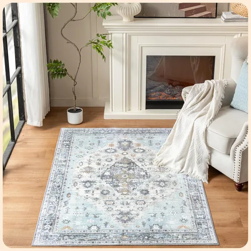 Vista 119 de Istana Alfombra larga antideslizante de 2.5 x 8 para el hogar, para pasillo y cocina, lavable, sedosa y suave al tacto, elegante, color azul y marfil