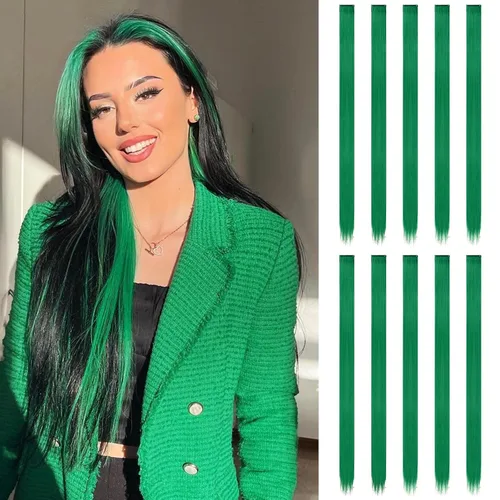 Vista 48 de FESHFEN Juego de 12 extensiones de cabello con clip, color negro, con clip, con purpurina, kit de accesorios coloridos para mujeres, de 20 pulgadas