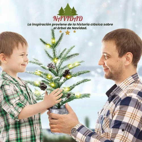 Vista 3 de Árbol de Navidad pequeño de 24 pulgadas, mini árbol de Navidad preiluminado con 60 luces estilo rústico, árbol de mesa de 2 pies
