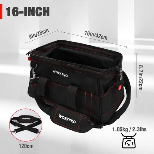 Vista 5 de WORKPRO W081022A - Bolsa de almacenamiento de herramientas de boca ancha con base de goma resistente al agua, 16 pulgadas