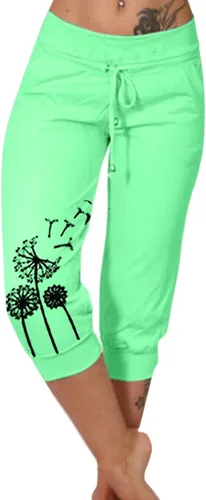 Vista 25 de Pantalones capri para mujer, estampado de diente de león, pantalones capri con cordón de cintura alta, elásticos, pantalones cortos de verano