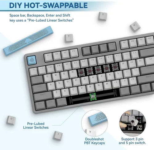 Vista 2 de MAGIC-REFINER AK873 Teclado para juegos, retroiluminación LED arcoíris, intercambiable en caliente, teclado PBT, diseño TKL del 75%, teclado