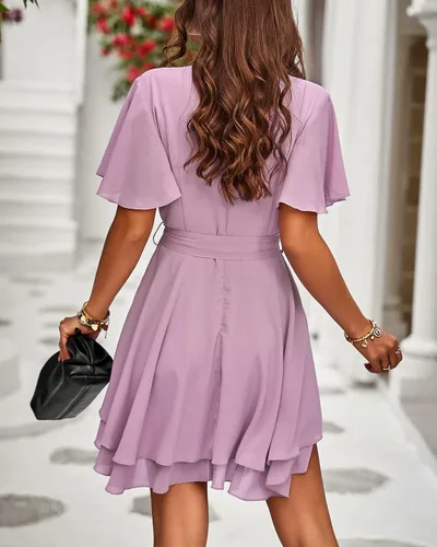 Vista 5 de BTFBM - Vestido corto de verano 2023 con cuello en V para mujer, manga corta, cintura alta, dobladillo con volantes, falso cruce