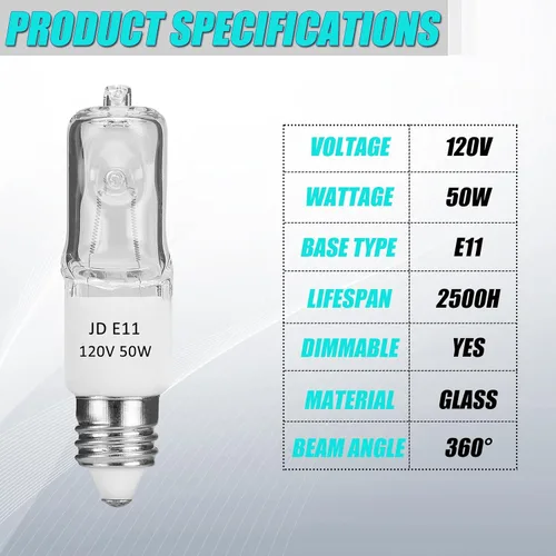 Vista 3 de JDE11 - Bombilla E11 de 120 V, 50 W, E11, mini base de candelabro T4 E11, bombilla halógena regulable blanca cálida de 2700 K para ventilador
