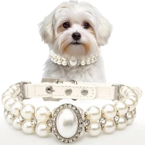 Vista 7 de Collares de perlas grandes para perros pequeños y gatos con decoración de diamantes de imitación de cristal, collar ajustable de piel sintética