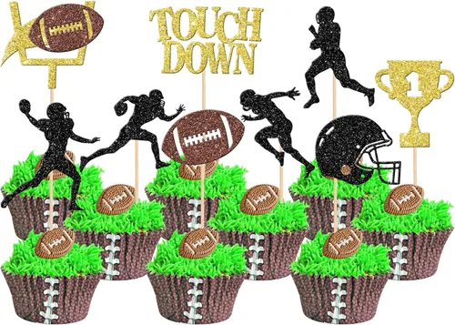 Vista 8 de 36 piezas de adornos para cupcakes de pelota de rugby, trofeo de fútbol americano, selecciones de cupcakes de fútbol americano, decoración