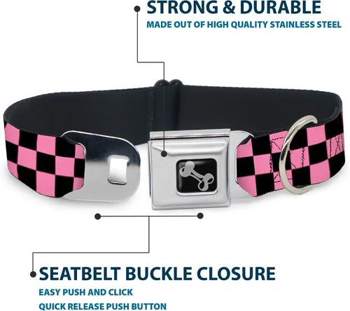 Vista 4 de Collar de perro Buckle-Down Checker negro/rosa bebé, multicolor, "1" ancho - se adapta a cuello de 9-15" - pequeño