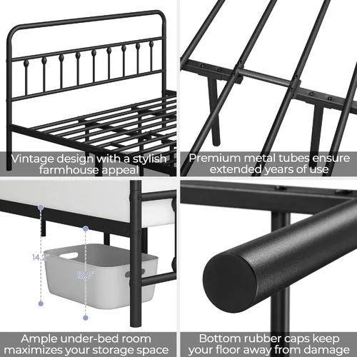 Vista 5 de Yaheetech - Marco de cama con plataforma de metal, cabecero victoriano y Negro