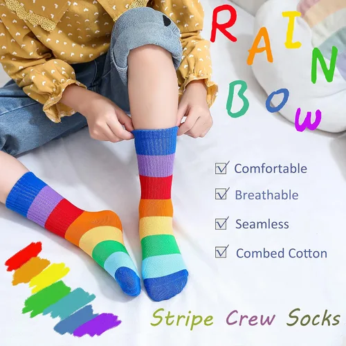Vista 2 de Calcetines de algodón sin costuras para niñas, calcetines casuales para la escuela, con rayas arco iris, paquete de 5