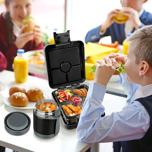 Vista 7 de Pawtong Set de Loncheras Bento con Termo para Sopa de 10oz, loncheras a prueba de fugas con 4 compartimentos, termo para alimentos calientes