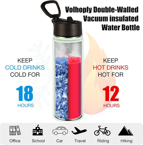 Vista 3 de Volhoply Botellas de agua aisladas de 22 onzas con tapa con popote, botella deportiva de acero inoxidable con asa, tazas de agua de metal al vacío