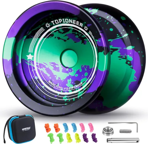 Vista 12 de MAGICYOYO Responsive Yoyos - Paquete de 2 yoyos de metal V12 + yoyo de plástico K2 verde brillante, yoyo profesional para niños, yoyo de doble