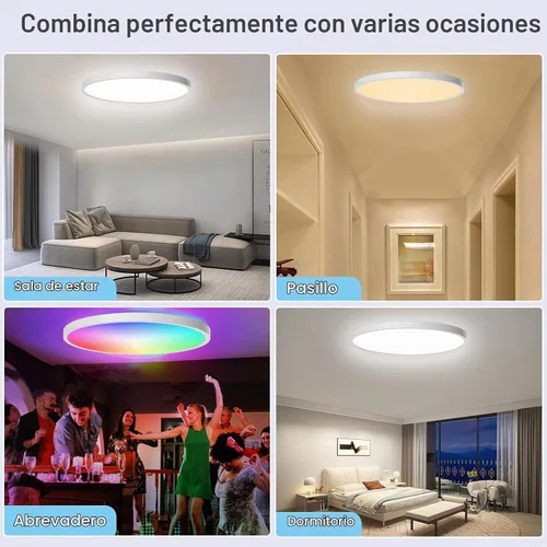 Vista 4 de Lámpara de techo LED regulable con montaje empotrado, panel RGB inteligente Alexa Google Home WiFi con control remoto para sala de estar