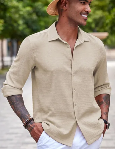 Vista 3 de COOFANDY Men's Casual Long Sleeve Button Down Shirt Textured Wrinkle-Free Untucked Shirt