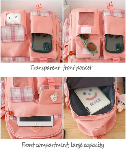 Vista 5 de HCOOLE Mochila Kawaii de 5 piezas con bonitos colgantes de felpa e insignia, mochila escolar de alta capacidad de 19 galones, bonita mochila