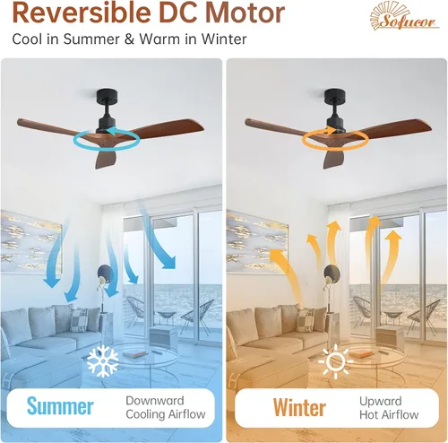 Vista 6 de Sofucor - Ventilador de techo de 52 pulgadas sin luces, moderno, de madera maciza, con control remoto, 5000 CFM de alto flujo de aire, motor CC
