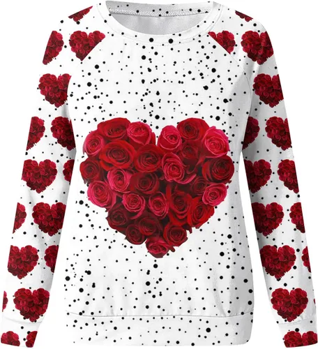 Vista 2 de Camisetas para el día de San Valentín para mujer, con estampado de corazón, manga larga, cuello redondo, sudadera casual