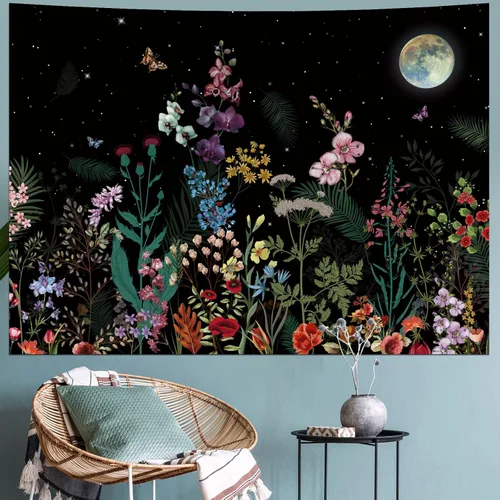 Vista 2 de Generleo Tapiz de plantas florales, tapices vintage, bohemio, flores, mariposas, cielo estrellado, paisaje, naturaleza, paisaje, tapiz para colgar