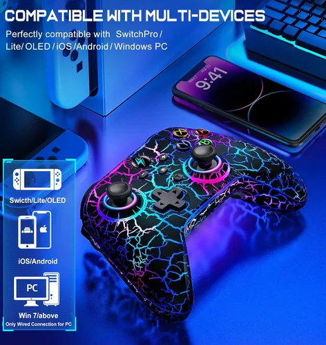 Vista 3 de Controlador inalámbrico Switch Pro para controlador de interruptorLiteOLED, LED multiplataforma Windows PC IOS Android Switch remoto con Cool RGB