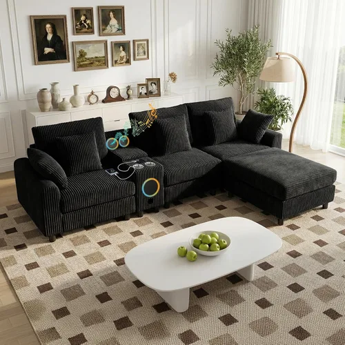 Vista 13 de MAKIAAP Sofá modular de pana de 83 pulgadas con altavoces, cómodo sofá biplaza de asiento profundo con otomana móvil, consola, cargador USB, Beige