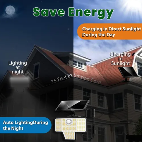 Vista 2 de AmeriTop Luces solares para exteriores, paquete de 2, sensor de movimiento solar inalámbrico, 128 luces LED para exteriores; 3 cabezales ajustables