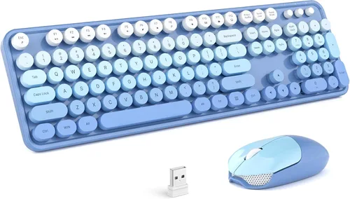 Vista 16 de MOFII Combo de teclado y mouse inalámbricos, teclado retro con teclas redondas de colores, conexión USB Plug Play de 2.4 GHz para PC, laptop