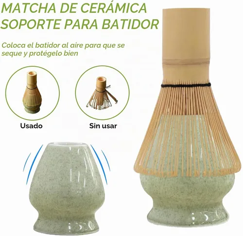 Vista 4 de Juego de batidor de matcha, cuenco de cerámica de 17 onzas con boquilla, cuchara de bambú y tamiz inoxidable, kit de 5 piezas de matcha verde jade