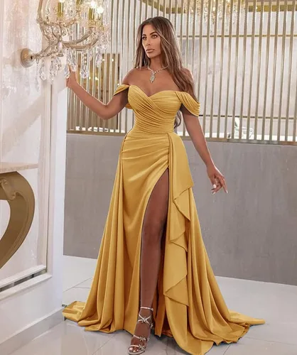 Vista 5 de Vestidos de graduación con hombros descubiertos, vestido de fiesta fruncido, vestido de sirena con abertura formal, vestidos de noche para mujer