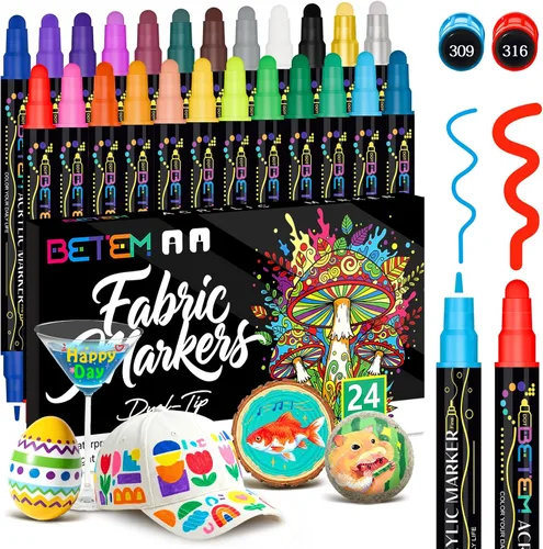 Vista 7 de Betem 6 marcadores de pintura acrílica negra, kits de decoración de tela de doble punta, bolígrafos de pintura acrílica a base de agua de alta