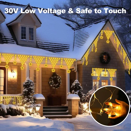 Vista 5 de Guirnalda de luces de Navidad para exteriores, impermeable, 218 LED de 13.8 ft, cortina de luces de hadas con 12 gotas conectables, alambre