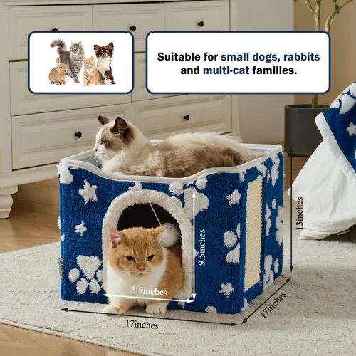 Vista 4 de Casas para gatos de interior, bonita cueva para gatos con bola esponjosa para colgar y almohadilla para rascar, escondite plegable para gatitos, 17